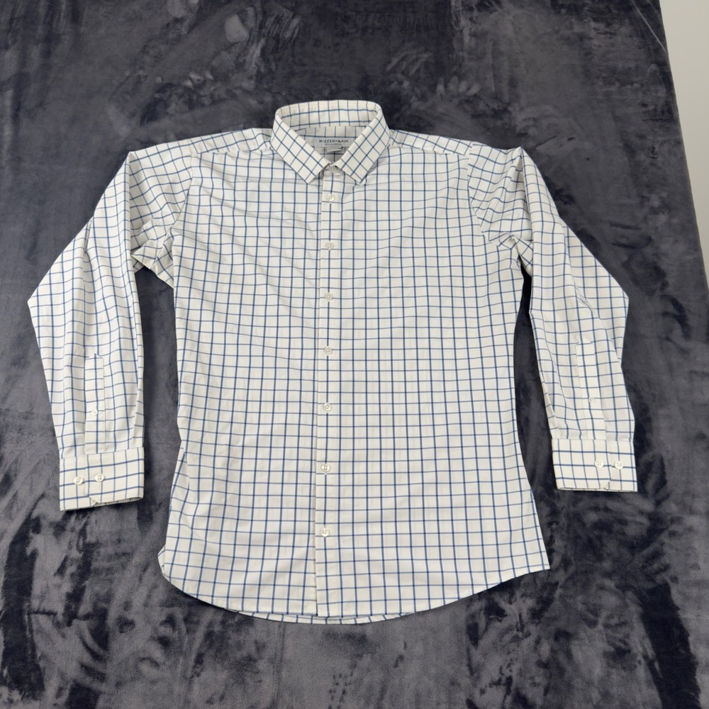 Mizzen+Main Dress Shirt Mens M White Blue Windowpane Performance Classic Fit